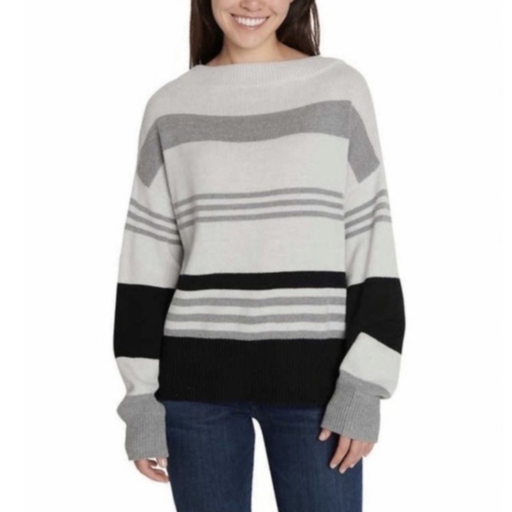 Lucky Brand Gray Colorblock Long Sleeve Cotton Blend Knit Sweater Size Large